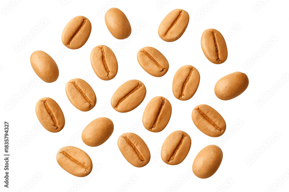 Obraz premium Unroasted coffee beans are scattering, showing natural texture and color, ready for roasting and brewing. Transparent background