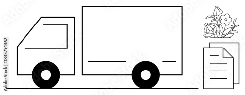 Logistics, shipping, delivery services, transportation, commerce paperwork. Minimalist truck documents floral item. Logistics and shipping concept. Line metaphor. Simple line icons