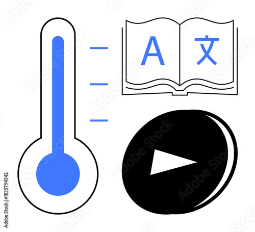 Education, technology, multilingual learning, communication, streaming, measurement. Thermometer, open book with multilingual symbols and play button graphic. Education and technology concept