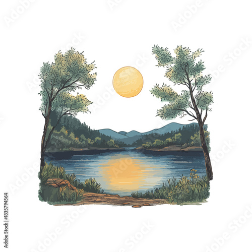 moonlight lake view hand drawn vector illustration
