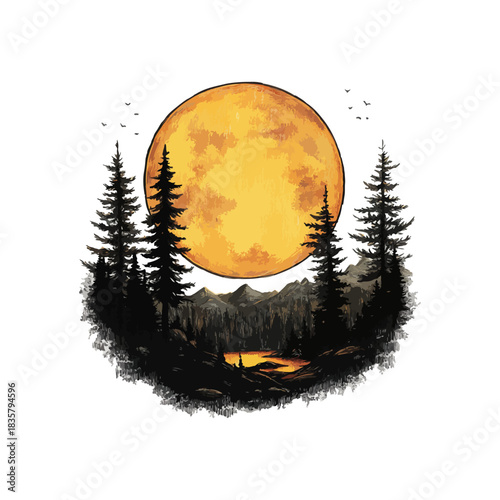 moonlight nature view hand drawn vector illustration