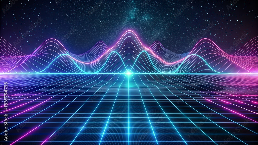 Obraz premium Retro Neon Wave Landscape With Synthwave Grid and Glowing Lines Under Starry Night Digital Sky