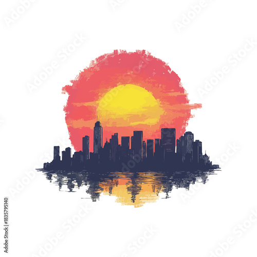 sunset over the city skyline drawn vector illustration