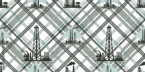 Abstract industrial pattern featuring oil rigs and refinery silhouettes in a geometric design.