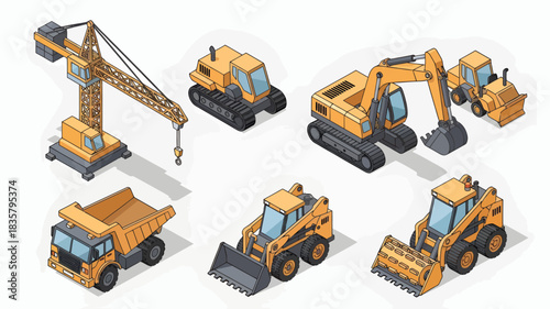 Isometric set of various construction vehicles and heavy machinery.