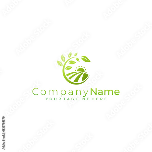 logo of a green field and a circular tree, nature logo template
