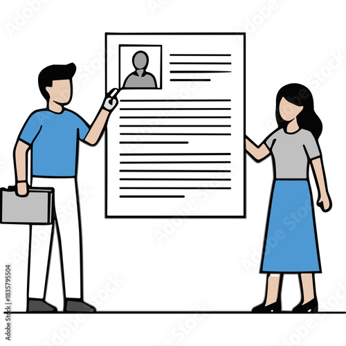 Two people standing near a large document with a photo and text suggesting a resume or application form with a blue and gray color scheme on a white background