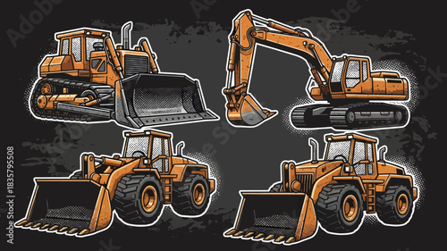 A collection of four vintage-style illustrations of heavy construction machinery, including bulldozers, excavators, and wheel loaders, on a dark background.