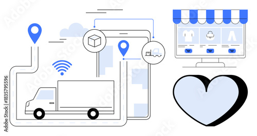 E-commerce, logistics, online stores, delivery tracking, digital retail, shipping solutions. A truck, location markers tablet with connections storefront and heart symbol. E-commerce and logistics
