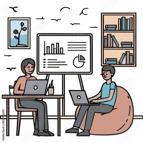 Two professionals collaborating on laptops in a modern office setting with charts on a whiteboard and bookshelves in the background