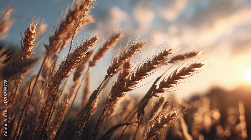 Naklejka premium Golden Wheat Field Panorama at Summer Evening With Glowing Clouds and Breeze Under a Clear Sky