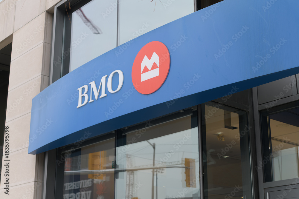 Fototapeta premium sign outside BMO Bank of Montreal branch location at 242 Bloor St W, Toronto
