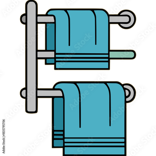 Two Teal Blue Bath Towels Neatly Folded Hanging On A Silver Metal Double Towel Rack In A Clean Bathroom Environment With Subtle Lighting