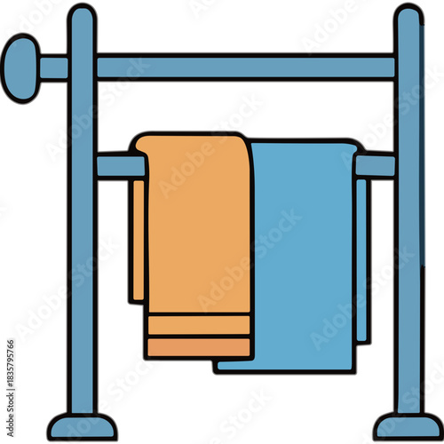 Two Towels One Orange One Blue Hanging On A Teal Metal Rack In A Bathroom With Simple Background And Shadows Underneath