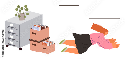 Woman looking under furniture next to a filing cabinet, boxes, and books. Ideal for focus, curiosity, library, organization, clutter, office tasks simple flat metaphor