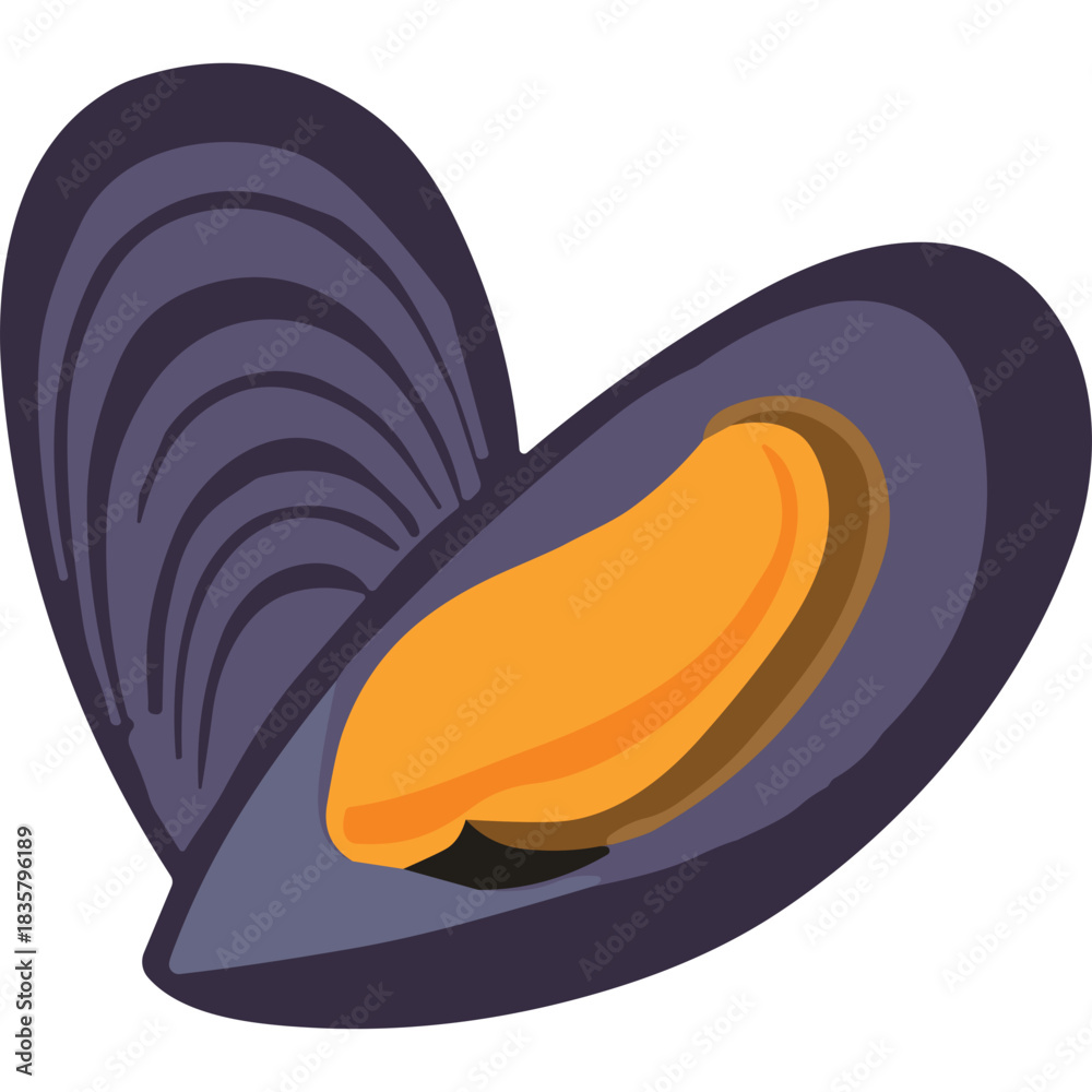 Obraz premium Open Mussel with Purple Shell and Orange Interior on a White Background Minimalist Illustration