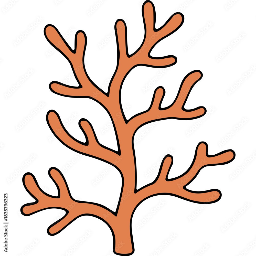 Obraz premium Orange Coral Branch Silhouette Isolated on Black Background Nautical Underwater Marine Life Element Graphic Design