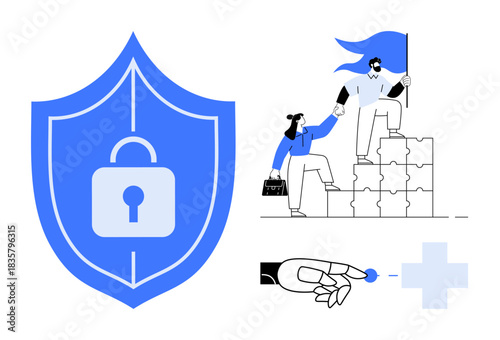 Data protection, teamwork, identity verification, cybersecurity, leadership, healthcare. Blue shield with lock, people climbing puzzle blocks and medical plus symbol. Data protection and teamwork