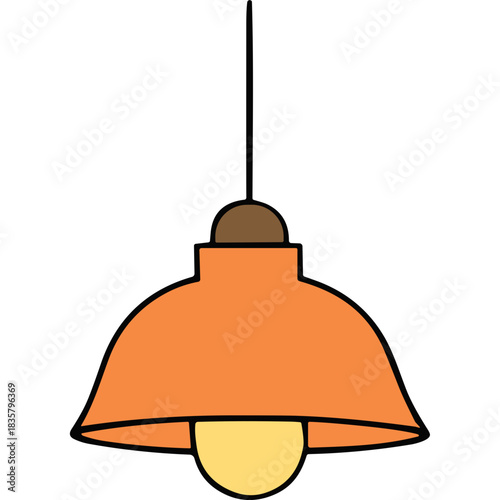 Orange Dome Pendant Light Fixture with Visible Bulb Suspended by Black Cord Against a Black Background with Brown Accent