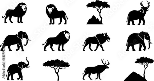 Collection of African Wildlife Silhouettes Lions, Elephants, and More
