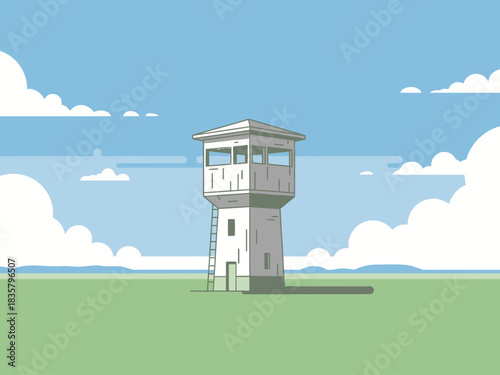 Illustrated Guard Tower in a Field Under a Cloudy Sky.