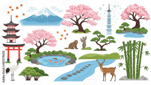 Explore the beauty of Japan with serene landscapes, temples, cherry blossoms, and wildlife in this vibrant illustration perfect for travel or cultural projects