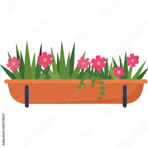 Orange Rectangular Planter Box Filled With Lush Green Grass Pink Flowers And Trailing Vine With Dark Blue Brackets Isolated On Black Background