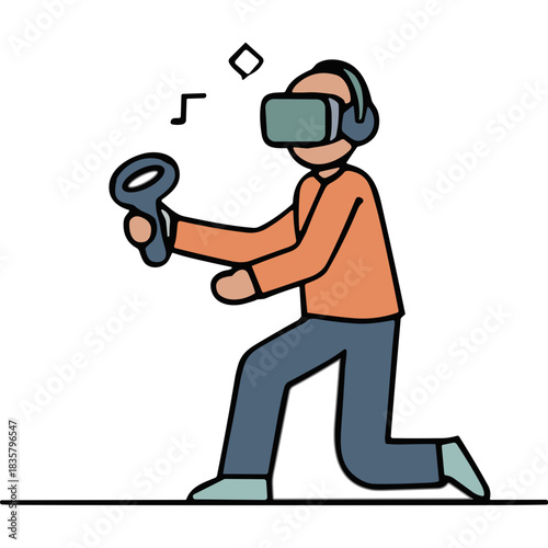 Orange Shirt Man Wearing VR Headset Holding Game Controller Kneeling On One Knee With Futuristic Blue Pants and Teal Shoes And Headphones In A Stylized Simple Drawing With White Background