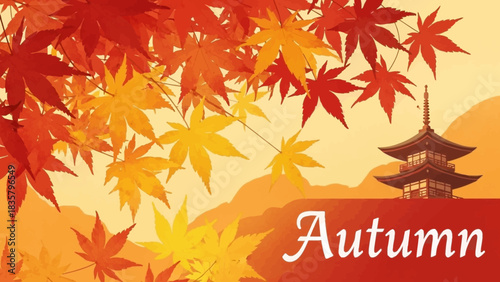 Stunning autumn leaves framing a Japanese pagoda, perfect for cultural celebrations and travel promotions, capturing the essence of fall in Asia
