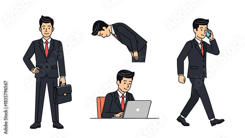 Dynamic businessman illustration set for corporate website or presentation featuring diverse activities like walking, working on laptop, phone call, bowing
