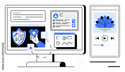 Healthcare technology, wellness apps, telemedicine, online analysis, insurance interface, digital monitoring. A computer screen displays medical icons while a phone shows a wellness app. Healthcare
