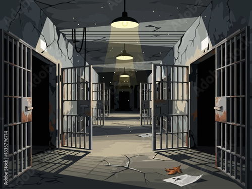 Dark Prison Interior with Open Cells and Cracked Walls Illustration.