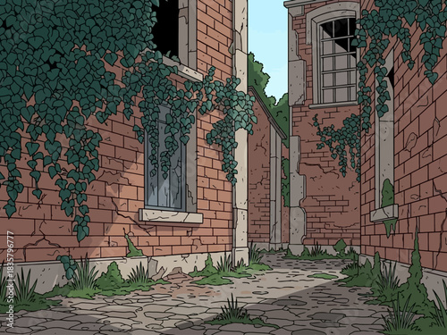 Overgrown Brick Alleyway with Vines and Stone Pavement Illustration.