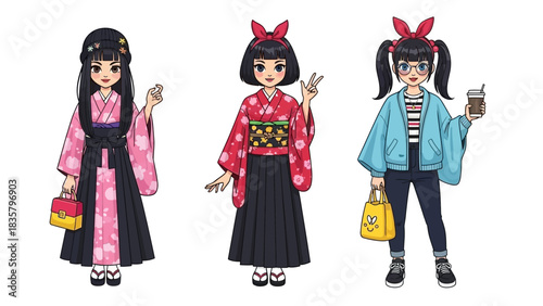 Three stylish cartoon girls showcasing trendy Japanese fashion and modern casual wear on a clean background for a vibrant and youthful aesthetic