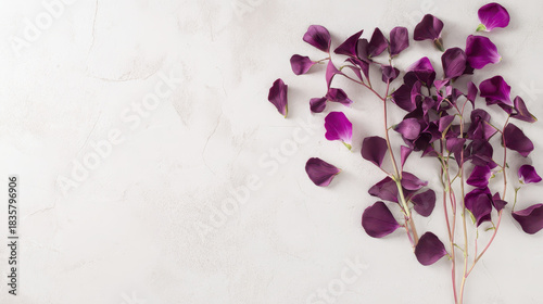 Purple oxalis leaves and petals scattered on white textured surface, creating delicate and artistic natural composition with vibrant color contrast