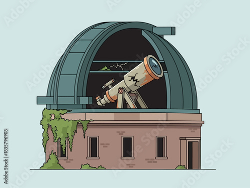 Dilapidated Observatory with Cracked Telescope and Overgrown Vines Illustration.