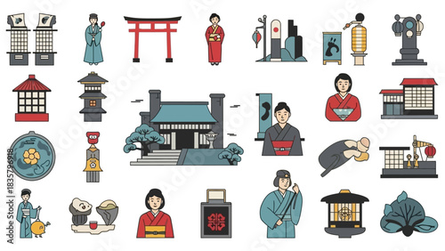Explore Japanese culture with this beautiful set of traditional icons showcasing temples, kimonos, and peaceful gardens for travel designs and more