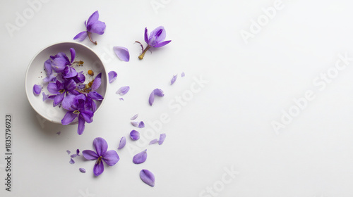 Purple flower petals scattered on white surface with bowl holding more petals, creating delicate and artistic floral arrangement