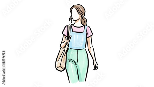Stylish woman with tote bag walking in modern casual outfit, perfect for fashion blogs, lifestyle articles, or summer promotions, capturing youthful energy