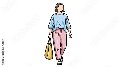 Stylish woman walking with tote bag in casual chic outfit perfect for fashion blog or lifestyle branding with modern aesthetic and minimalist design