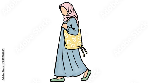 Stylish Muslim woman walking with trendy tote bag, embracing modern modest fashion and cultural identity in a vibrant, contemporary way