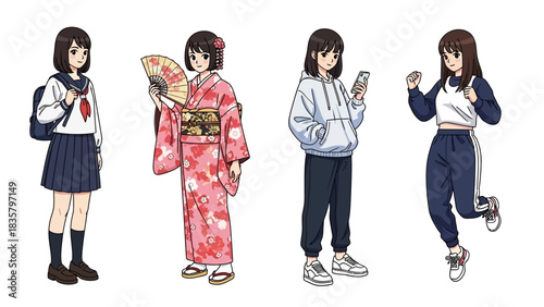 Charming anime style illustration of diverse young women in various fashionable outfits, perfect for manga, fashion blogs, and youthful branding projects