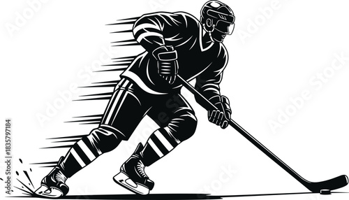 Black and white illustration of a hockey player in motion ice hockey sport