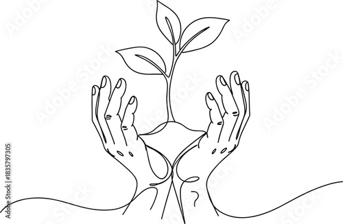 Black line art of hands cradling a growing plant sprout growth nature
