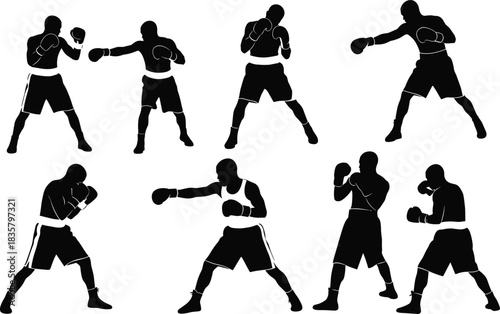 Black silhouette boxers in various fighting stances on white background boxing