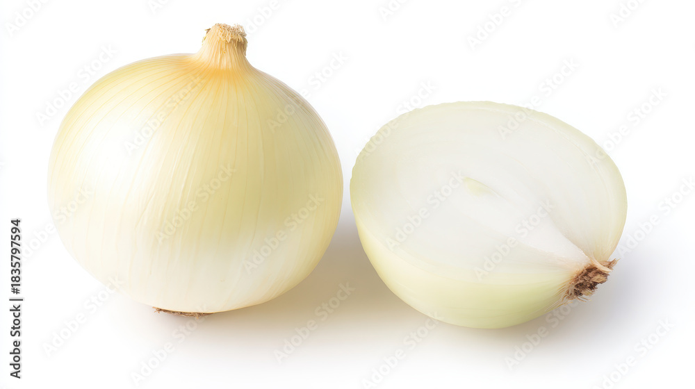 Fototapeta premium White onion whole and half cut isolated on white background with fresh and natural texture for cooking ingredient
