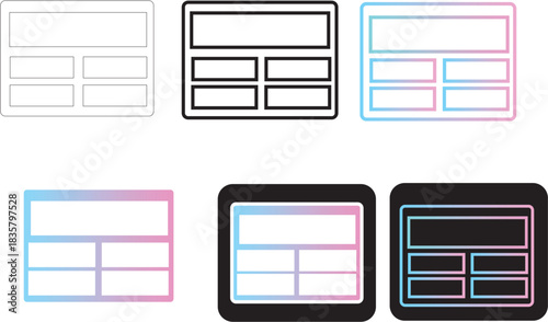 minimalist user interface layout icons with modern gradient fills, ideal for website wireframes and data infographics