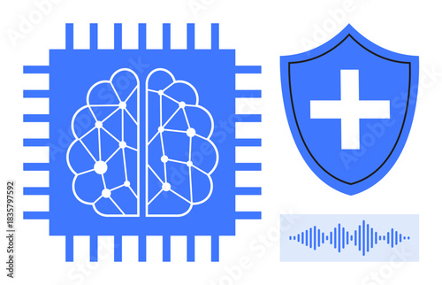 Artificial intelligence, healthcare innovation, neural networks, cybersecurity, data protection, sound analysis. A neural chip, shield with cross and audio wave icons. Artificial intelligence