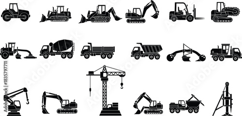 Collection of black construction vehicles and equipment silhouettes machinery truck