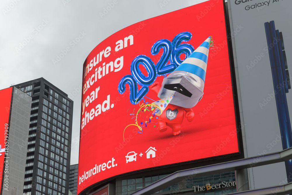 Naklejka premium digital display at Sankofa Square featuring ad by Belairdirect, a Canadian insurance company, Toronto